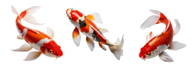 Three Vibrant Koi Fish Swimming Gracefully in Clear Water with Transparent Background