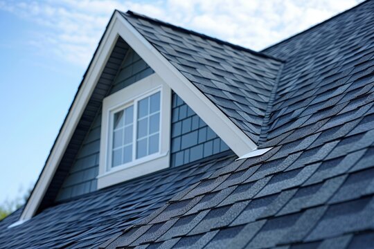 Detailed view of a modern house roof with black shingles and a dormer window