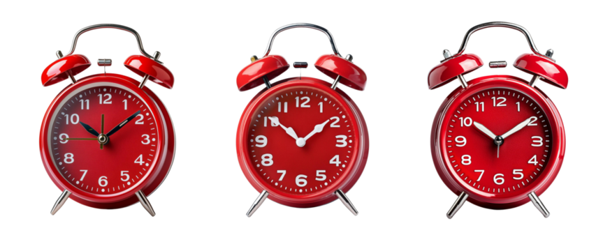 Three Red Vintage Alarm Clocks Displaying Different Times on a Transparent Background