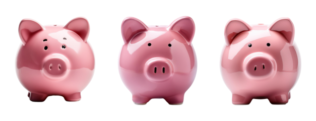Three Pink Piggy Banks in a Row on Transparent Background - Savings and Financial Concept