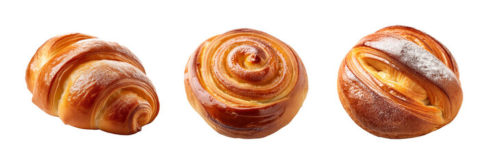 Fototapeta premium Freshly Baked Assorted Pastries - Croissant, Swirl Bun, and Custard-Filled Pastry on Transparent Background