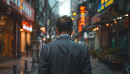 Fototapeta premium businessman walking down a busy city street at night