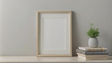 The image shows a minimalist and serene scene featuring a rectangular picture frame with a light wood border resting against a neutral-colored wall.