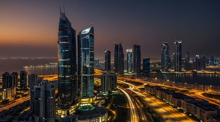 Buildings on Al Reem island in Abu Dhabi day to night time-lapse from above. generative.ai