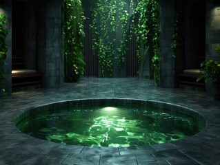 Serene tropical oasis with lush greenery and glowing pool