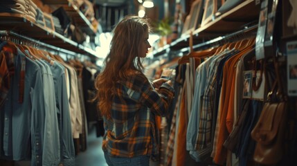 Naklejka premium Woman choosing clothes in clothing store, AI generated Image