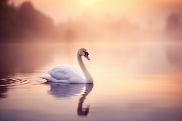 Fototapeta premium Serene swan floating on tranquil waters at sunset