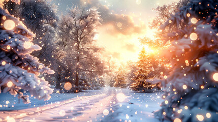 Naklejka premium A snow-covered forest path illuminated by the golden glow of the setting sun. Snowflakes gently fall, creating a magical winter atmosphere
