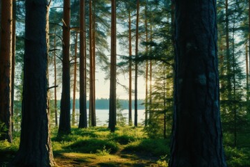 Obraz premium Serene forest landscape with lake in background