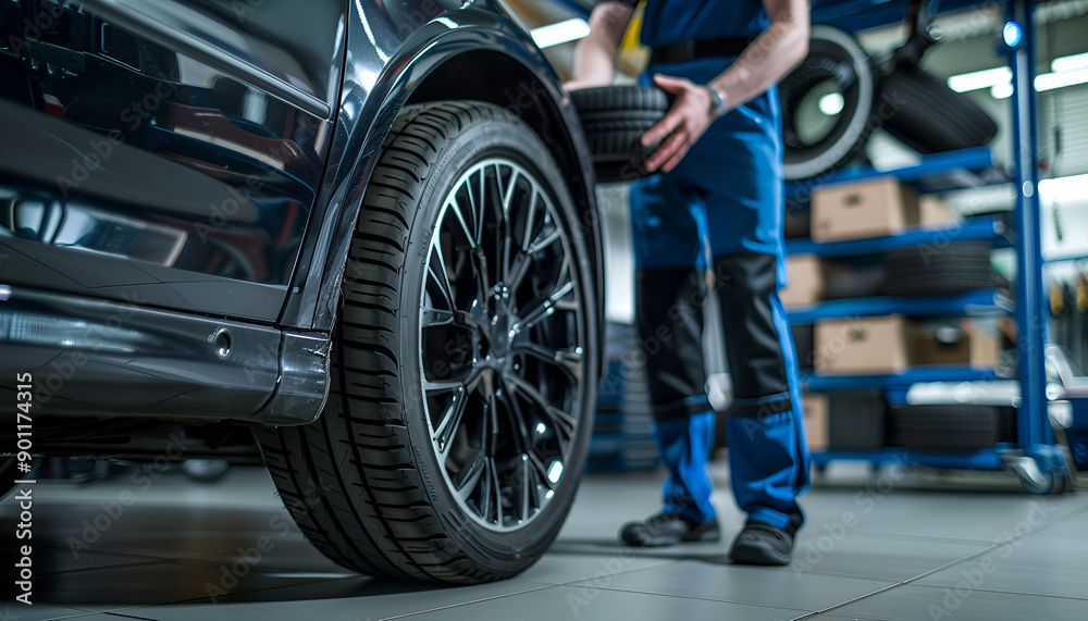 Wall mural Male mechanic with car tire in auto store