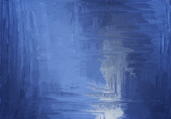 Blue sky reflected on calm water in a serene painting