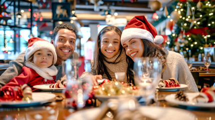 A happy family gathers around a beautifully decorated table, sharing laughter and joy during their Christmas celebration at a cozy restaurant