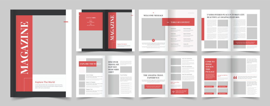 Travel Magazine Layout with Red Accents