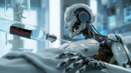 Fototapeta premium A robotic system administering precise chemotherapy drug dosages to a patient while monitoring for side effects in a high tech medical facility