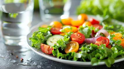 A bowl of salad with lettuce, cherry tomatoes, and cucumbers.