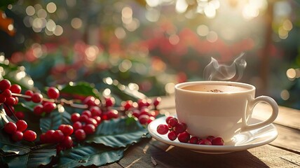 Fototapeta premium Steaming white coffee cup, blurred tree with red coffee berries, high resolution, International Coffee Day