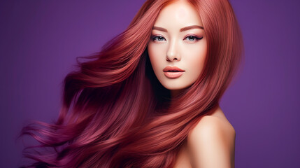 Naklejka premium Portrait of a beautiful, sexy, smiling, happy Asian woman with long red hair and perfect skin, purple background, banner.