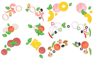 Vector image of pizza ingredients. Food for cafe and restaurant. Element for your website design, banners and advertising. Place for your text