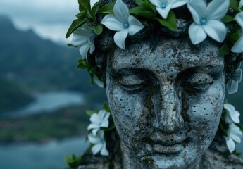 Fototapeta premium serene stone buddha statue with white flowers