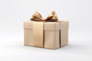 3d rendered image of a sophisticated beige gift box tied with a shiny golden ribbon on a white background