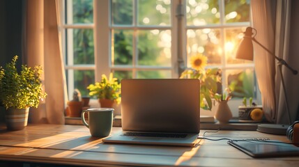 A laptop, coffee cup and notebook sit on a desk in front of a window.