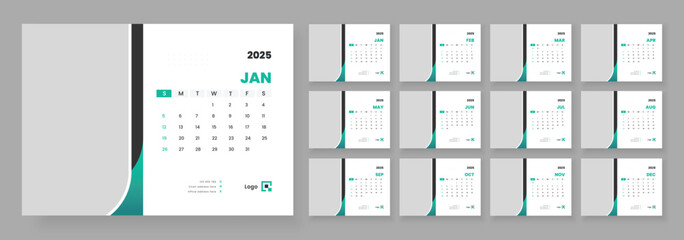 Calendar 2025 planner corporate template design, Template for annual calendar 2025, Office Calendar 2025, Week starts on Sunday.