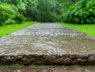 Fototapeta premium Rainy day on a stone path in the forest
