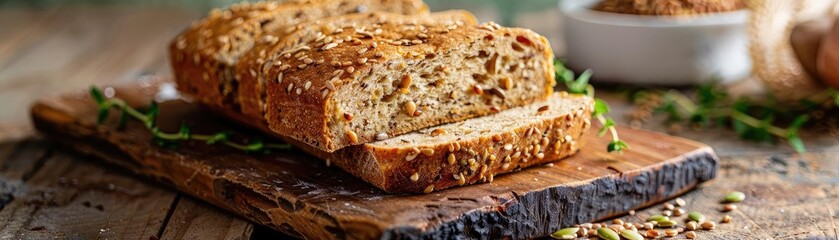 Freshly baked bread loaf with seeds, sliced and presented on a rustic wooden cutting board, perfect for culinary inspiration.