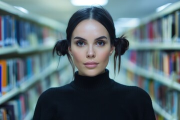 thoughtful woman in library