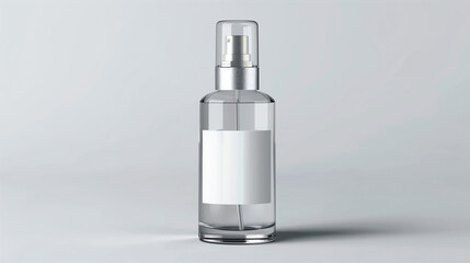 Fototapeta premium Elegant Car Freshener in Clear Glass Spray Bottle with Metal Cap, Transparent Cover, and Empty Front Label, Illuminated Against a Plain Background