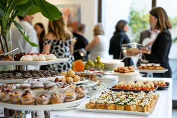 Portrait of a business charity event with a dessert table, Generative AI