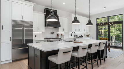 Modern kitchen with white cabinets, black fixtures, and stainless steel appliances. Island with chairs for seating.