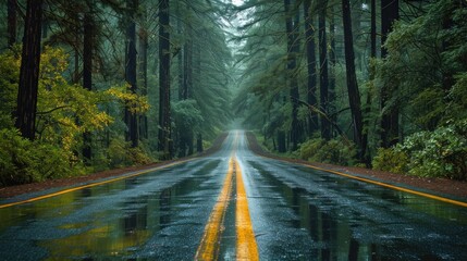 straight road in the forest, lined with tall trees on both sides in the middle