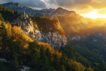 epic cinematic wide angle poster with Huge mountain side with beautiful medieval fortress on the top of a cliff