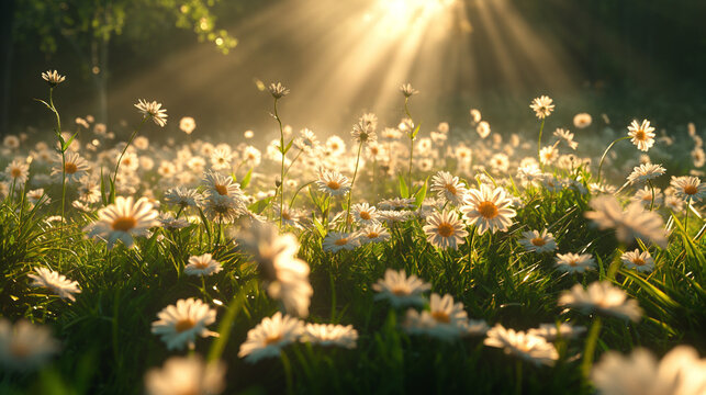 Agartha, the 5th dimension spiritual realm, with soft and warm atmosphere that touches the feelings and heart of the viewer. Where the grass is with beautiful shapes and flowers are blooming with magi