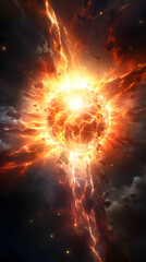 A fiery cosmic explosion erupts in space, sending debris and energy outward in a spectacular display of light and heat.