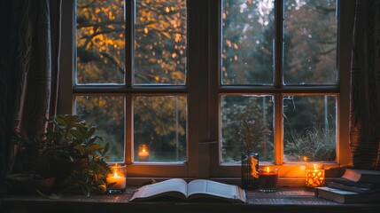 Cozy Evening with Books and Candles by the Window Overlooking Twilight Trees on a Summer Night