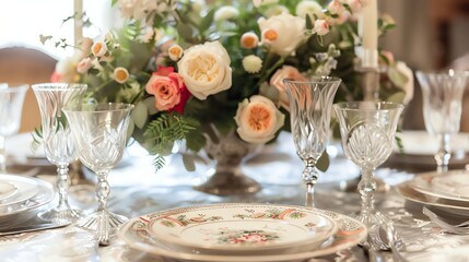 A close-up of a table setting with wine glasses, plates, and a flower centerpiece.