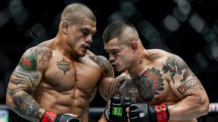 Obraz premium Fierce MMA Battle two highly focused and determined fighters engage in an intense Mixed Martial Arts (MMA) match showcasing raw strength skill, and perseverance in the heat of the fight wallpaper