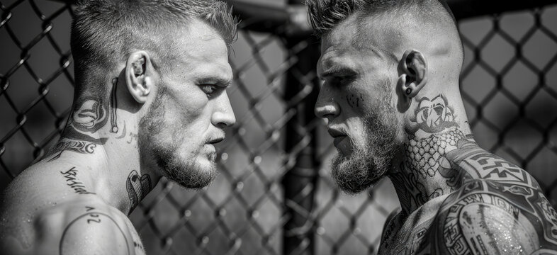 Fierce MMA Battle two highly focused and determined fighters engage in an intense Mixed Martial Arts (MMA) match showcasing raw strength skill, and perseverance in the heat of the fight wallpaper