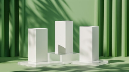 Obraz premium Set of Four Plain White Cardboard Boxes Arranged Elegantly on Transparent Podium with Sophisticated Green Backdrop