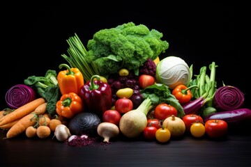 Vibrant still life display of various fresh vegetables, promoting healthy eating