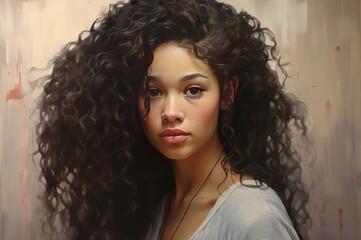 Fototapeta premium Beautiful artistic rendering of a young woman with voluminous curly hair and a soft gaze