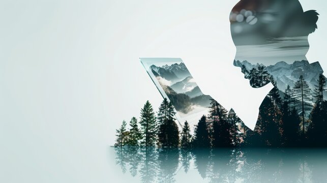 Double exposure of a programmer coding, layered with a digital interface and an abstract nature landscape of mountains and forests, giving a postcard effect