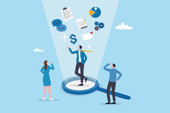 Corporate transparency, integrity or trust, business management with responsibility, financial transparent, legal or agreement for ethic report concept, businessman on magnifying glass transparency.