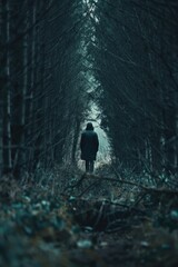 Obraz premium Person in black coat walks through forest