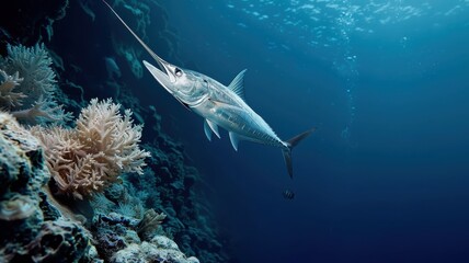 Fototapeta premium Swordfish patrolling dark Indian Ocean depths, long bill illuminated by glow of deep-sea organisms.