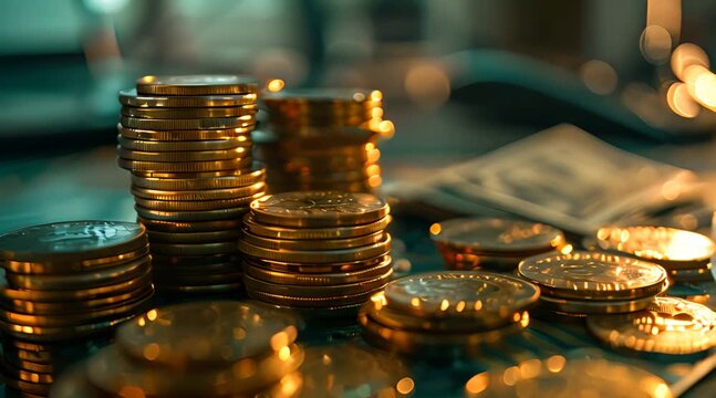 Stacks of Coins and Dollar Bills