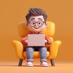 3D Render of Cute Man Working on Laptop in Cozy Chair