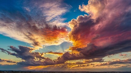 Fototapeta premium A panoramic view of a sky filled with colorful, iridescent clouds, displaying a spectrum of colors that shimmer and change with the light, creating a magical scene.